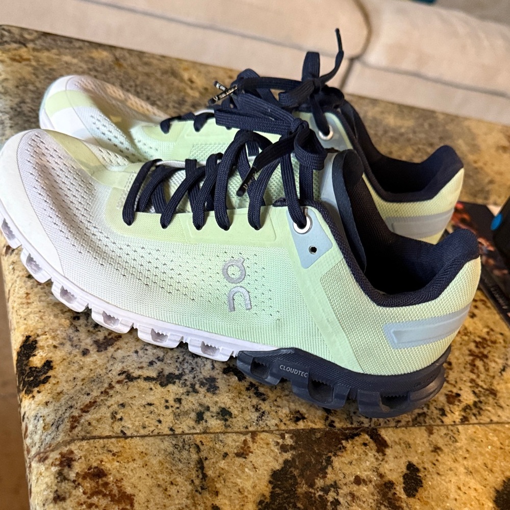 On Running Neon Green and Dark Blue Shoes